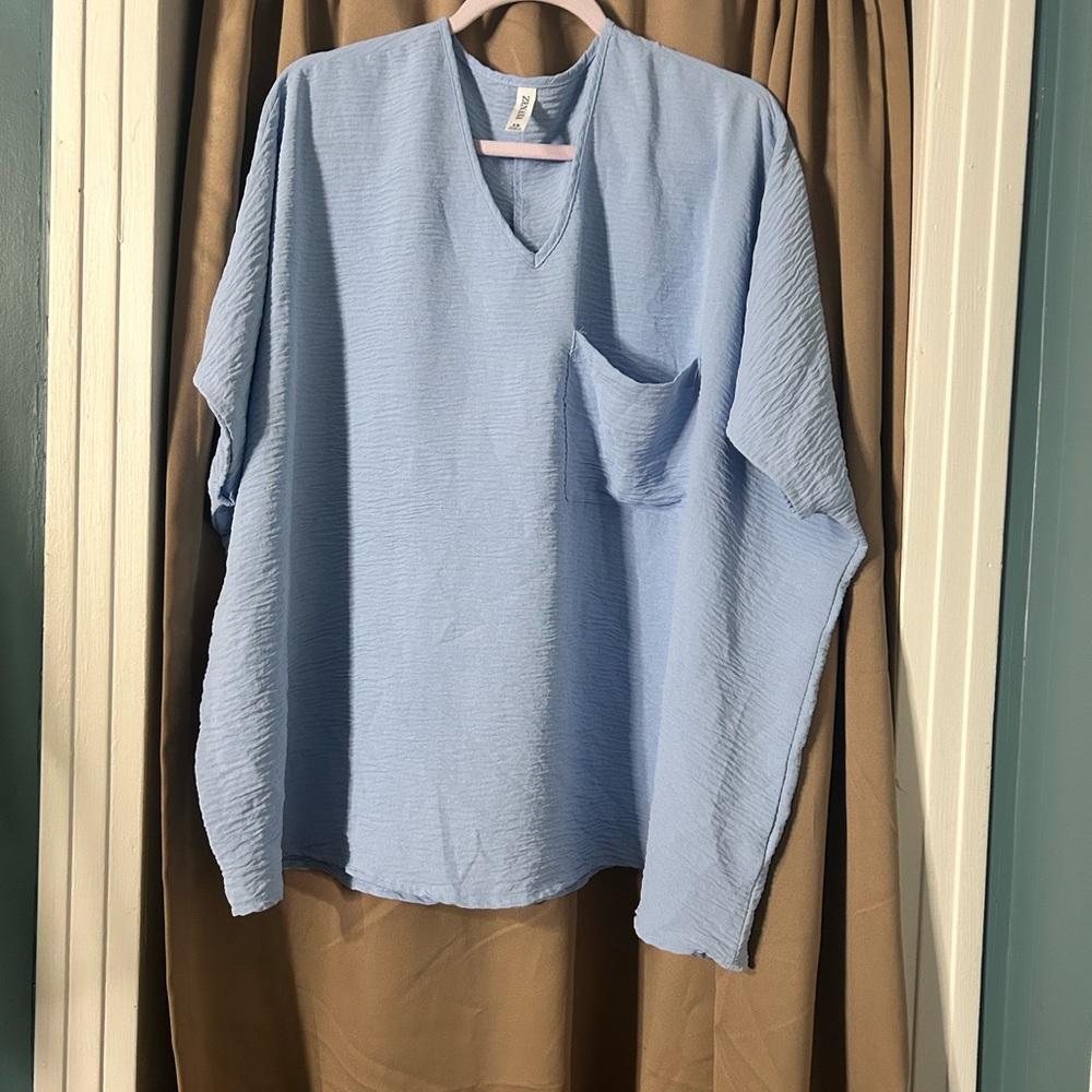 Light Blue V-Neck Women's Blouse